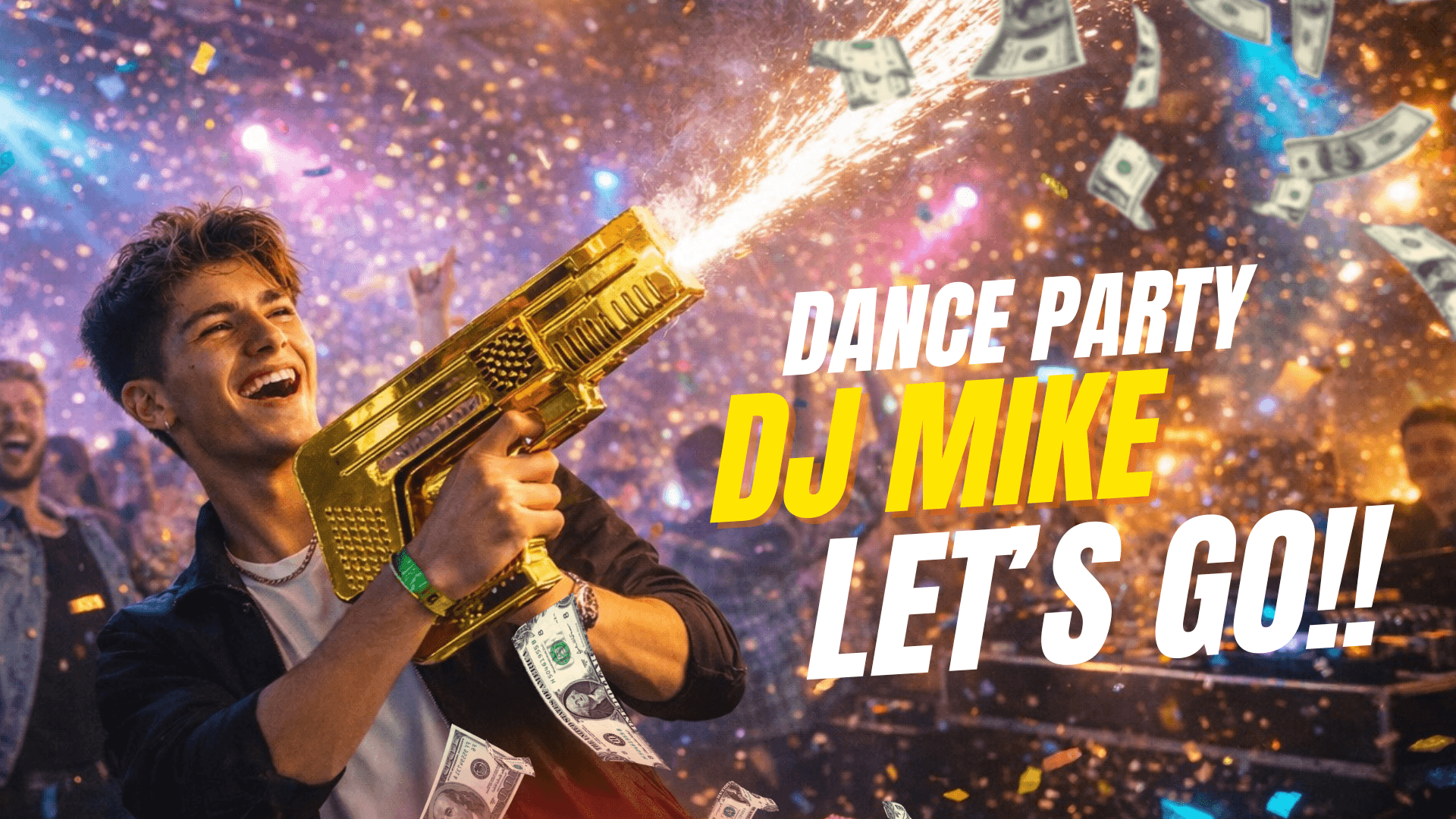 Dance Party, DJ Mike, Let's Go. Party Pros Vancouver Kids dance party graphic with confetti and sparks.