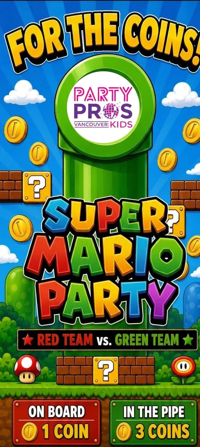 For the coins! Super Mario Party by Party Pros Vancouver Kids. Red team versus green team. On board one coin, in the pipe three coins.